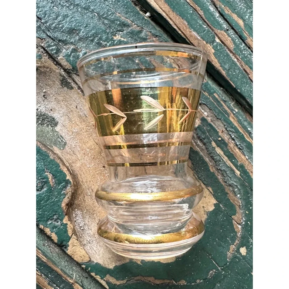 Vintage Miniature Glass Vase Gold Leaf Etched Banded Toothpick Holder 2.25 inch